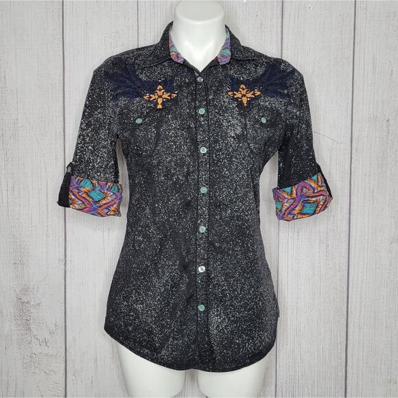 Roar Embellished Embroidered Studded Button Down Shirt, size Large - Picture 2 of 7